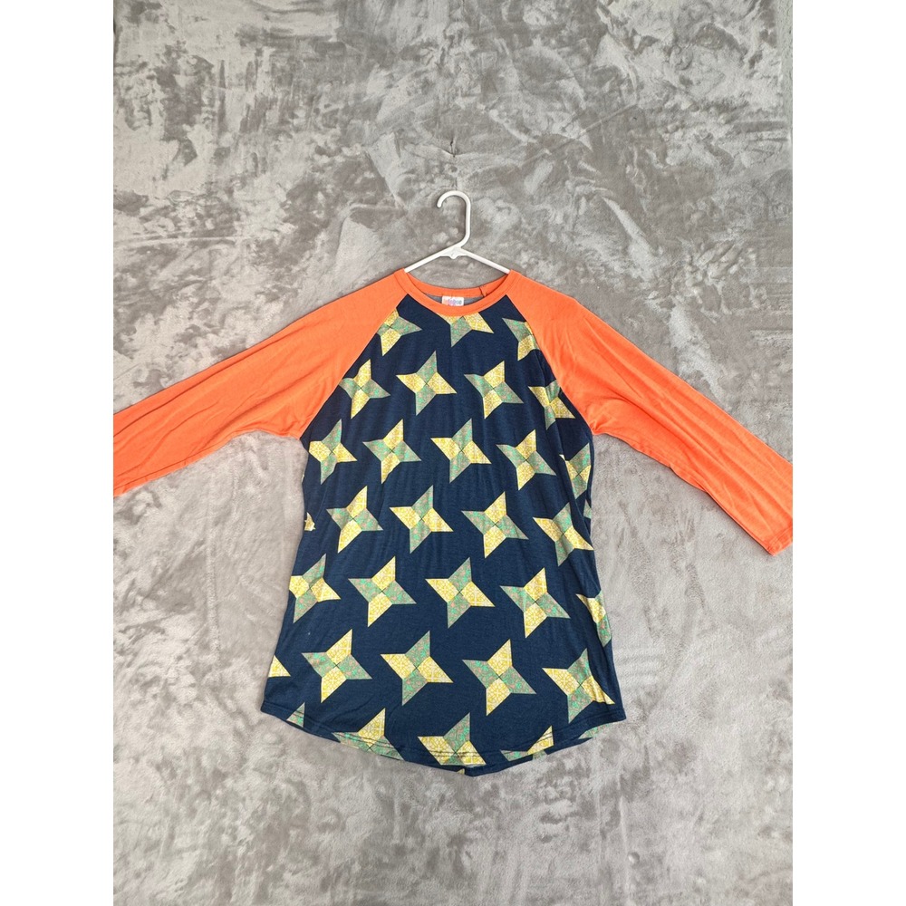 LuLaRoe L Star Print Baseball Tee Orange Sleeve Top Large Women's